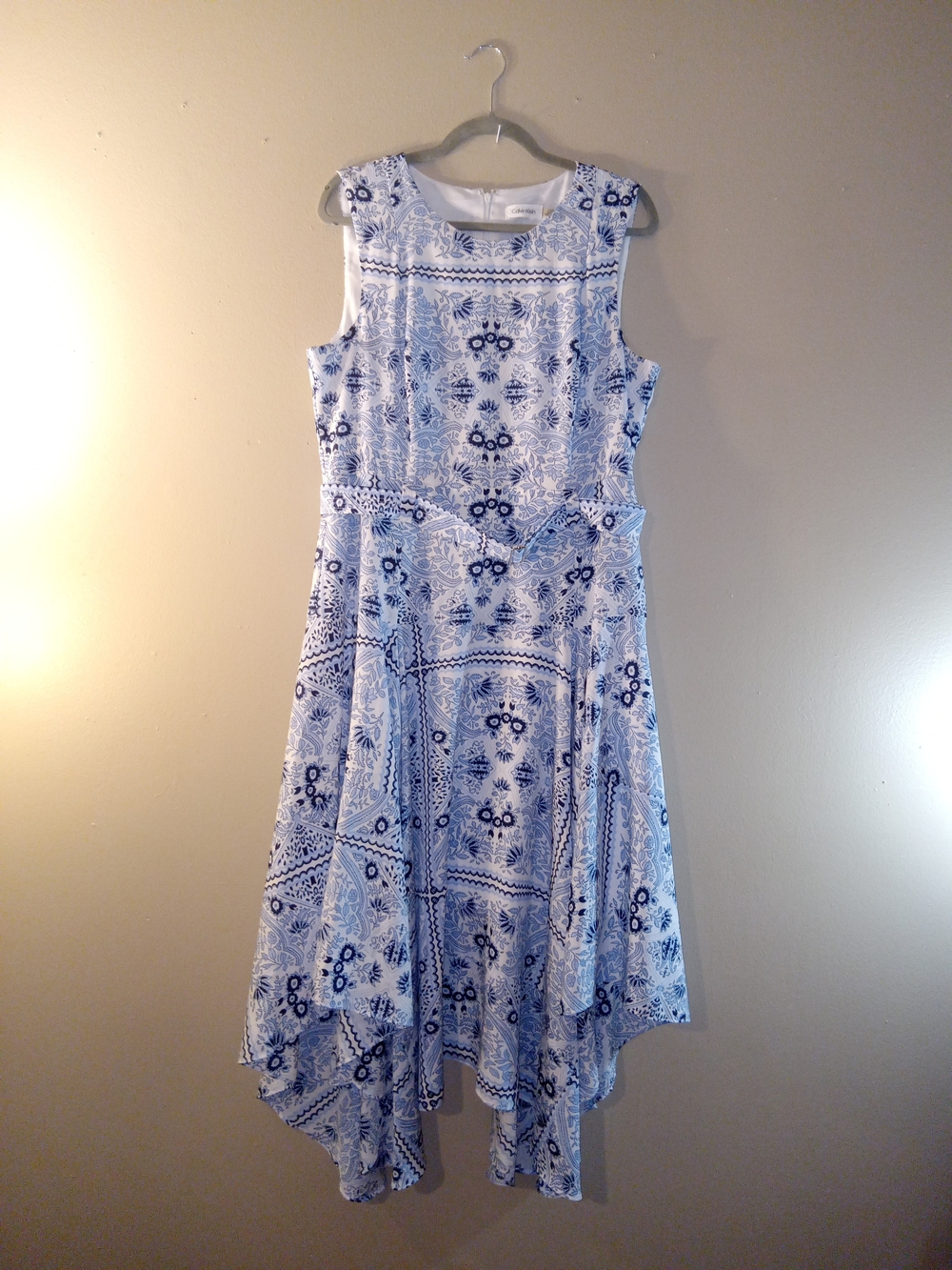 Calvin Klein White & Blue Floral Handkerchief-Hem Dress